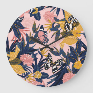 Grande Horloge Ronde Art tropical : Motifs forestiers brillants