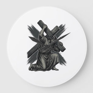 Grande Horloge Ronde Art vectoriel chrétien Jésus portant la croix vint