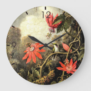Grande Horloge Ronde Art vintage de colibris et de passiflores      