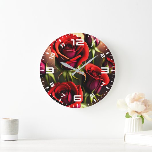 Grande Horloge Ronde Artwork numérique Fleurs de rose rouge-58567 (Maison)