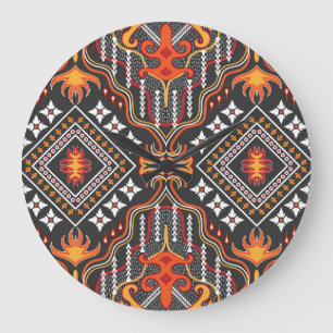 Grande Horloge Ronde Asie Centrale Rouge-Orange : Motifs traditionnels