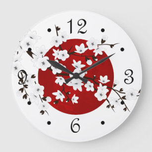 Grande Horloge Ronde Asie Floral blanc cerisier rouge
