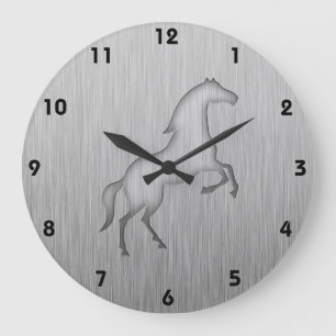 Grande Horloge Ronde Aspect métal brossé Cheval