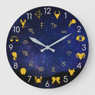 Grande Horloge Ronde Astrologie Symboles Zodiaques Bleu Et Or Céleste