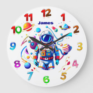 Grande Horloge Ronde Astronaute Coloré et Univers en Couleurs Vives