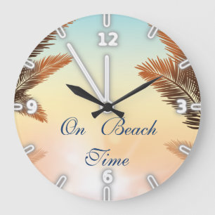 Grande Horloge Ronde Au Beach Time, Feuilles de palmiers