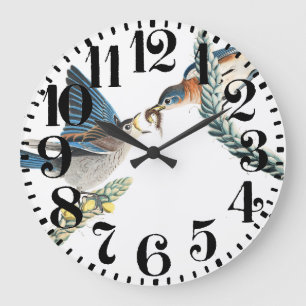 Grande Horloge Ronde Audubon Bluebird Bird Floral Grand Nombre Mur Horl
