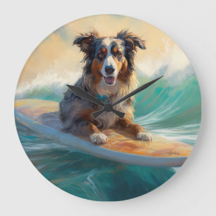 Grande Horloge Ronde Australian Shepherd Beach Surfing Peinture