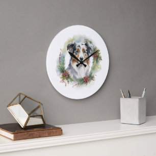 Grande Horloge Ronde Australian Shepherd Christmas Wreath Festive Pup
