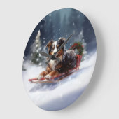Grande Horloge Ronde Australian Shepherd hiver neige de Noël (Angle)