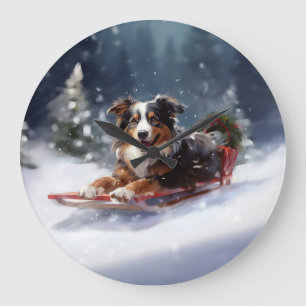 Grande Horloge Ronde Australian Shepherd hiver neige de Noël