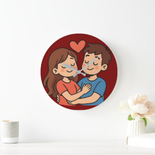 Grande Horloge Ronde Autocollant d'amour mignon   Couple de dessin anim