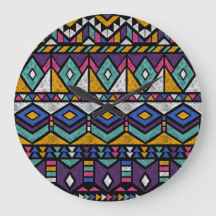 Grande Horloge Ronde Aztèque géométrique tribal : Motif Vintage coloré