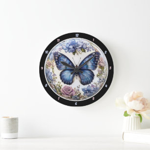 Grande Horloge Ronde Azure Bloom" - Bleu Butterfly Floral
