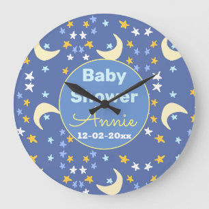 Grande Horloge Ronde Baby shower bleu marine étoile lune ajouter nom an