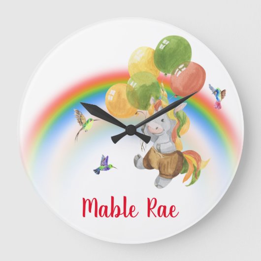 Grande Horloge Ronde Baby Unicorn with Balloon Rainbow Name   (Recto)