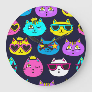 Grande Horloge Ronde Badges de chat, textile pop art