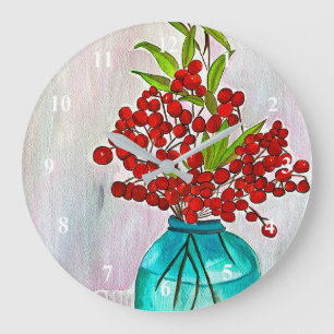 Grande Horloge Ronde Baies d'eau Red Christmas Berries