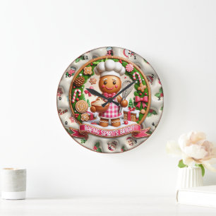 Grande Horloge Ronde Baking Spiritueux Bright Gingerbread Homme Noël