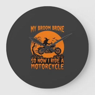 Grande Horloge Ronde Balai Casse Sorcière Halloween Moto Chauves-Souris