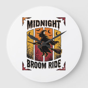 Grande Horloge Ronde Balai de minuit Vintage Sorcière Halloween Graphiq