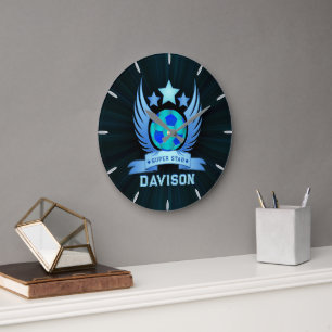 Grande Horloge Ronde Balle de Football Bleu Néon Cadeaux Personnalisé