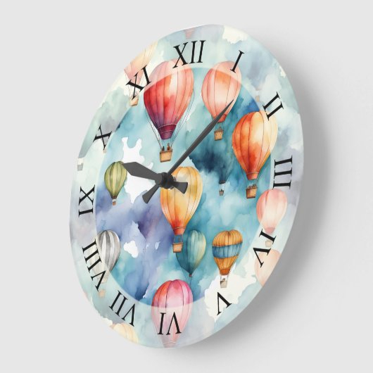 Grande Horloge Ronde Ballons à air chaud Aquarelle Art (Angle)