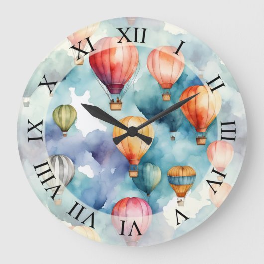 Grande Horloge Ronde Ballons à air chaud Aquarelle Art (Recto)