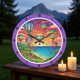 Grande Horloge Ronde Ballons à Air Chaud Colorés Village Côtier
