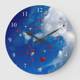 Grande Horloge Ronde Ballons rouges et blancs dans le ciel