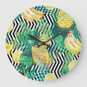 Grande Horloge Ronde Bananes exotiques citrons Tropical sans joint