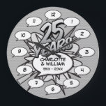 Grande Horloge Ronde Bande dessinée Pop Art 25ème anniversaire d'argent<br><div class="desc">Personnalisez-vous avec vos noms et les détails du 25e anniversaire. Un design cool,  tendance et amusant qui met,  encore plus,  wham,  zap,  pow dans une célébration spéciale anniversaire d'argent.</div>