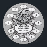 Grande Horloge Ronde Bande dessinée Pop Art 25ème anniversaire d'argent<br><div class="desc">Personnalisez-vous avec vos noms et les détails du 25e anniversaire. Un design cool,  tendance et amusant qui met,  encore plus,  wham,  zap,  pow dans une célébration spéciale anniversaire d'argent.</div>