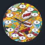 Grande Horloge Ronde Bande dessinée Pop Art Explosions<br><div class="desc">Des horloges pop comic super-héros branchées qui ajouteront une touche de couleur à une gamme de pièces autour de votre maison ou bureau. Une façon idéale de vous offrir ou de traiter quelqu'un que vous connaissez avec ces horloges de dessinateur de bande dessinée cool et unique. Pourquoi ne pas ajouter...</div>