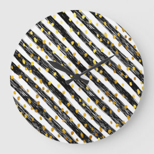 Grande Horloge Ronde Bandes noires, confettis dorés, motif sans soudure