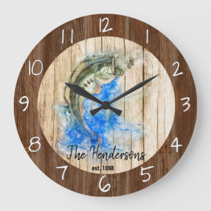 Grande Horloge Ronde Bar bass à l'aquarelle avec leurre de pêche à la m