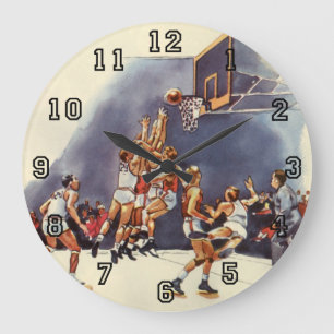 Grande Horloge Ronde Basket-ball sportif vintage, joueurs dans un jeu