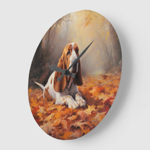 Grande Horloge Ronde Basset Hound à l'automne Leaves automne Inspire