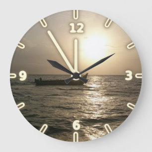 Grande Horloge Ronde Bateau Adorable Moderne Coucher de Soleil