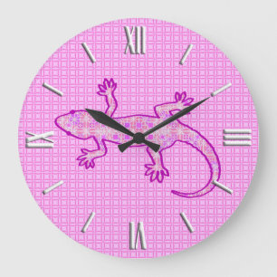 Grande Horloge Ronde Batik Gecko (Tribal batik Gecko), orchidée et coqu
