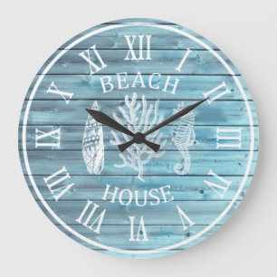 Grande Horloge Ronde Beach House Light Bois Bleu Corail Grand cheval de