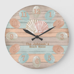 Grande Horloge Ronde Beach Wood Nautical Stripes & Sea Glass