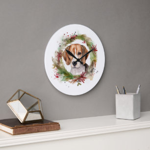 Grande Horloge Ronde Beagle Noël Wreath Festive Pup