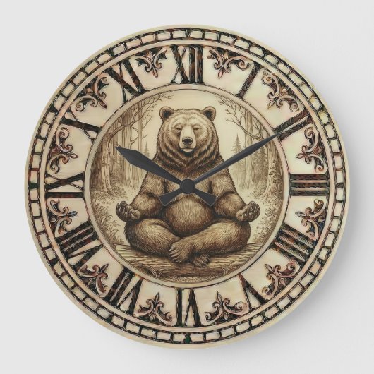 Grande Horloge Ronde Bear Meditation Wall Clock - Calm Rustic Decor (Recto)