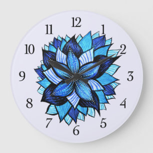Grande Horloge Ronde Beau dessin bleu abstrait d'encre de fleur