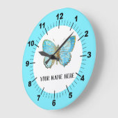 Grande Horloge Ronde Beau Papillon Bleu (Angle)