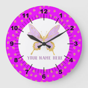 Grande Horloge Ronde Beau Papillon Violet Et Or