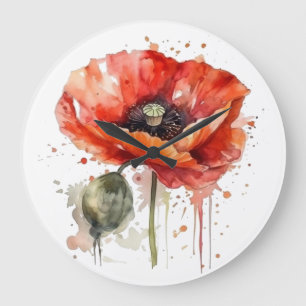 Grande Horloge Ronde Beau pavot rouge peint en aquarelle