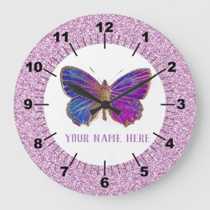 Grande Horloge Ronde Beautiful Purple : Gold Butterfly