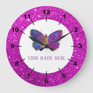 Grande Horloge Ronde Beautiful Purple & Gold Butterfly